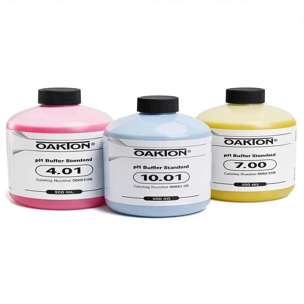 Cole Parmer Buffer Kit with three pH solutions on a lab bench