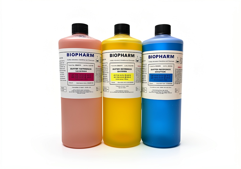 Biopharm chemical buffer bottles with color-coded labels in a lab setting
