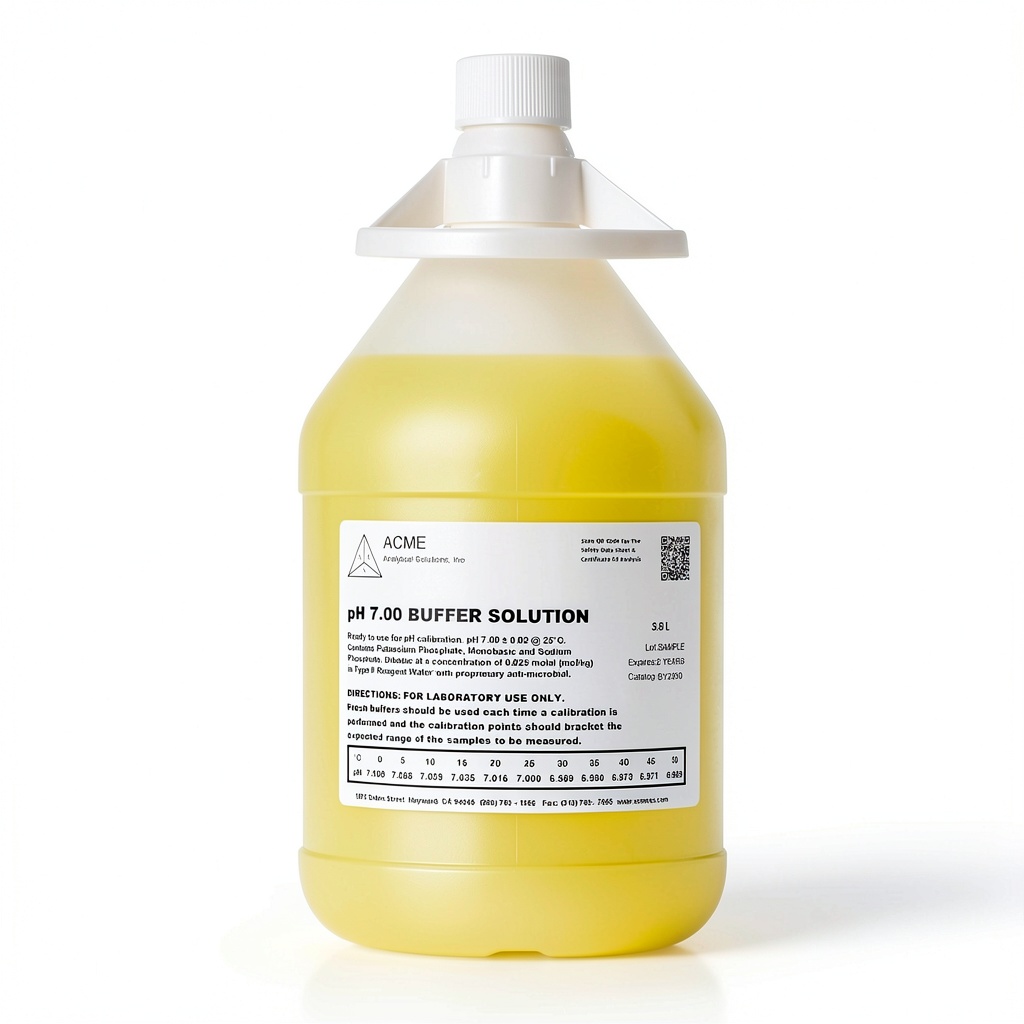 ACME pH 7 buffer solution in gallon container on lab bench