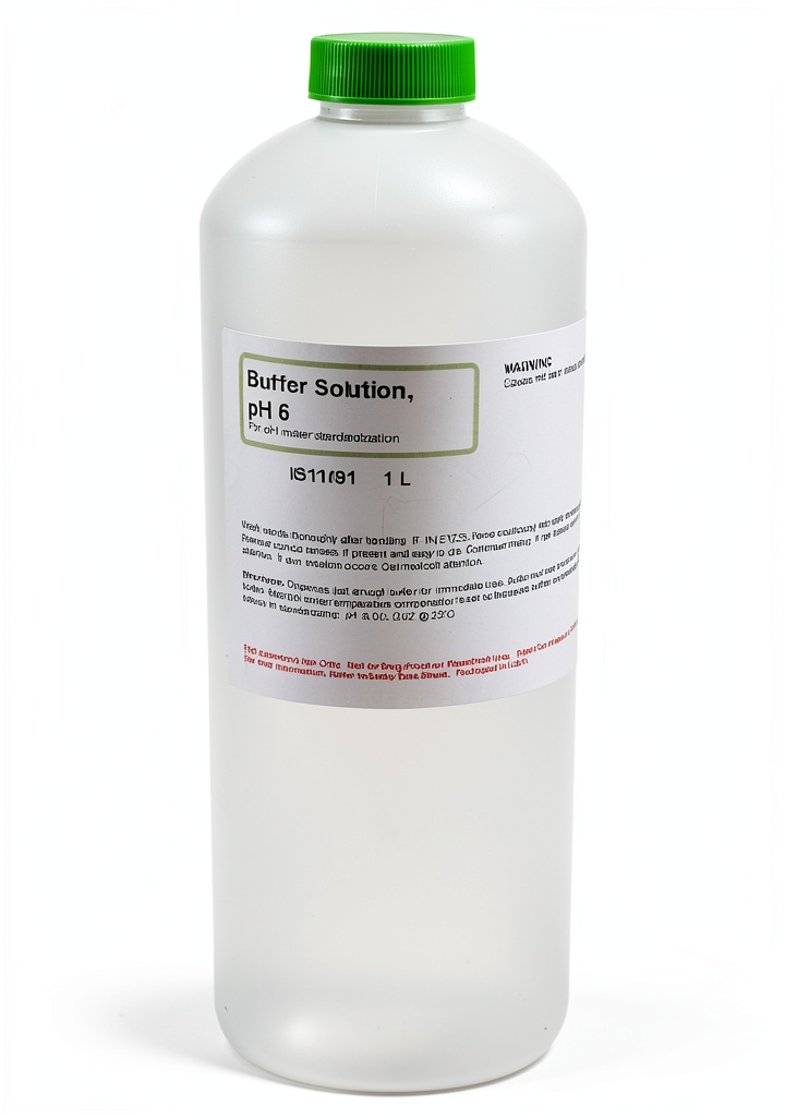 'Innovating Science pH 6 buffer solution bottle on lab bench'