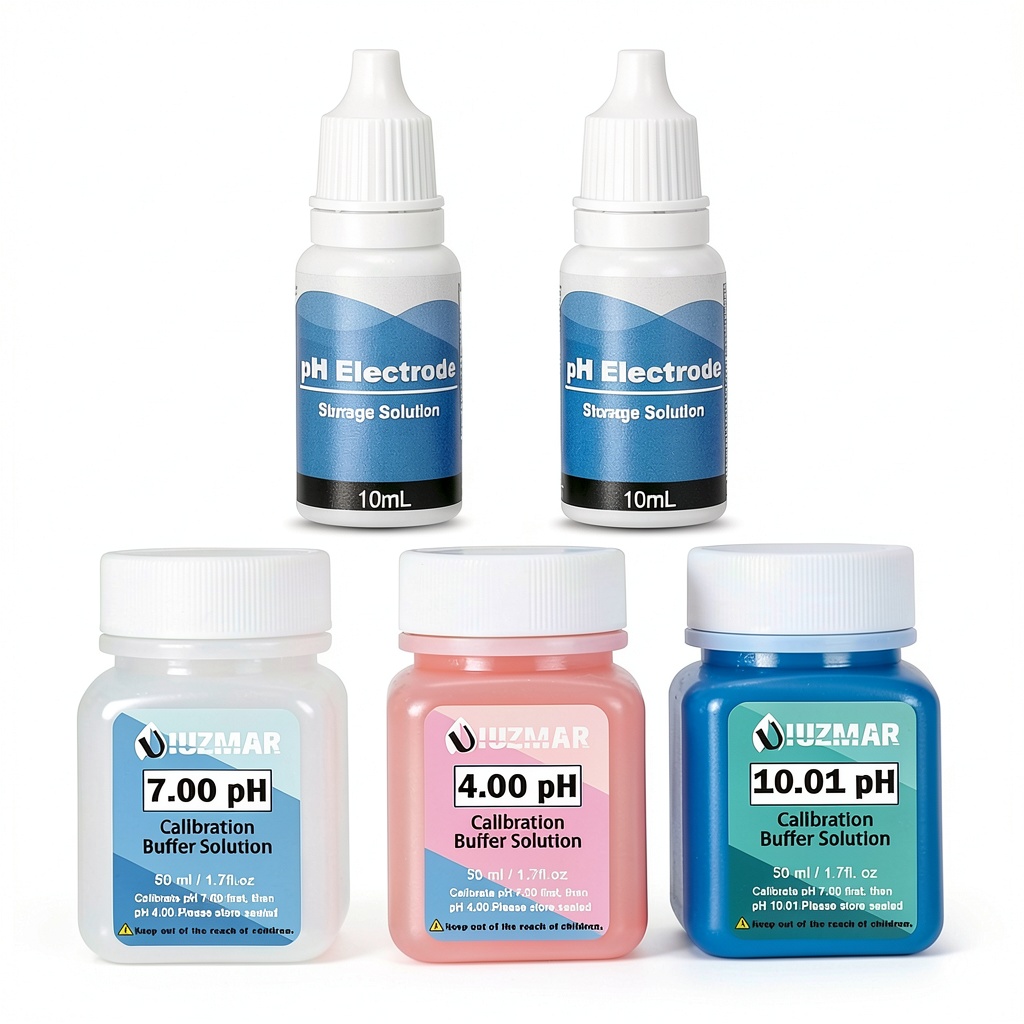 'UIUZMAR pH buffer solutions kit with calibration and storage bottles'