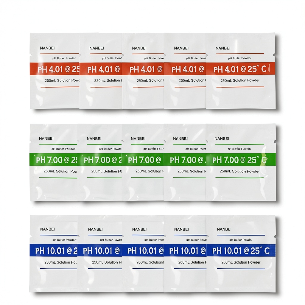 NANBEI pH buffer powder packets with calibration solution in use