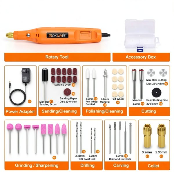 GOXAWEE Mini Rotary Tool Vibrant Orange 105 Piece Kit 24V Corded-6